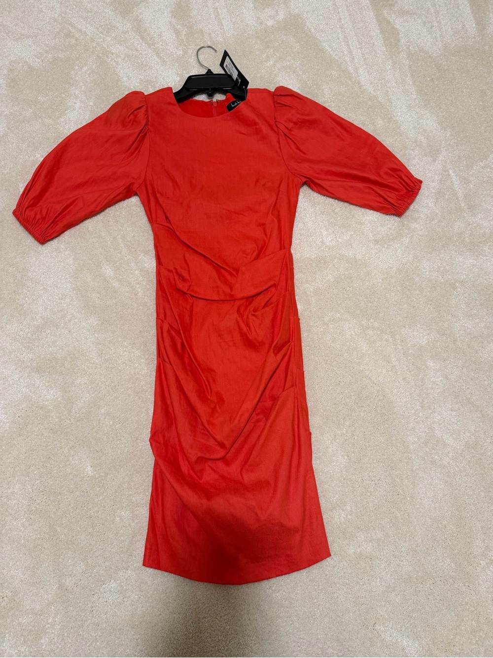 Nicole Miller coral Puff-Sleeve Midi Dress